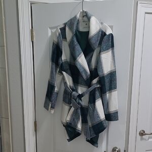 Allegra K Women's Plaid Belted Coat - Green and White Wrap, Asymetrical Hem